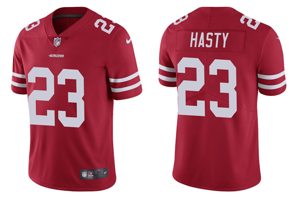 Men's San Francisco 49ers #23 JaMycal Hasty 2021 Red Vapor Untouchable Limited Stitched Jersey Men's San Francisco 49ers #23 JaMycal Hasty 2021 Red Vapor Untouchable Limited Stitched Jersey